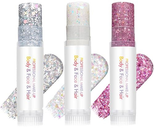 3 Stück Körper Glitzer Stift, Holographische funkelnde Schimmer Gesicht Glitter Gel Make-up für Gesicht Körper Haare Augen & Lippen, Halloween Chunky Glitter funkelnde Meerjungfrau Pailletten