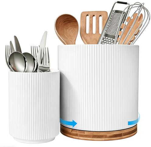 Kitchen Utensil Holder, Cutlery Spoon Storage Pot Kitchen Countertop Utensils Organisation, Ceramic Relief Glazing Process Suitable for Dishwashers, Equipped with a Rotating Base ( White 2 Pcs )