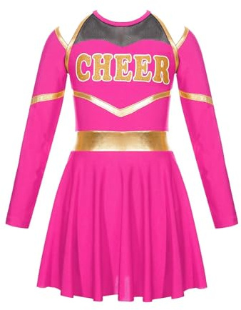 CNYUON Cheerleading, kostymer, uniform, långärmad, dansklänning med hand blommor huvudbonader randiga strumpor för scenframträdande för Cheerleading, klänning (het rosa, 14)
