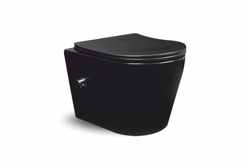 ERFU WC Suspendu avec Fonction Bidet Intégrée (Eau Chaude & Froide) – Cuvette de Toilette Ronde avec Abattant Ultra-Fin à Fermeture Douce, WC Japonais Flottant en Céramique (Noir Mat)