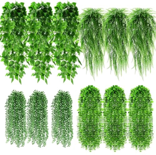 Paquete de 12 plantas colgantes artificiales, helechos simulados, adecuadas para decoración de pared, habitación, jardín y corona, tanto en interiores como en exteriores. Cesta no incluida. (12)