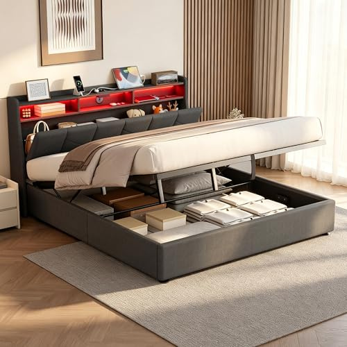 Mydtt Polsterbett 180x200 cm Bett mit Stauraum, Doppelbett LED Stauraum Kopfteil mit USB/TypC und Steckdose, Hydraulisches Stauraumbett Bettgestell mit Lattenrost, Ohne Matratze, Leinen Grau