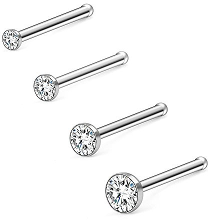 Ruifan 4PCS 18G 316L Surgical Steel 1.5mm 2mm 2.5mm 3mm Jeweled Clear Round Diamond Cubic Zirconia Crystal Nose Bone Studs Rings Pin Piercing Jewelry - Silver