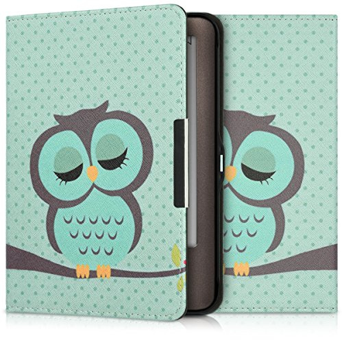 kwmobile Schutzhülle für Tolino Shine (2013) Hülle - eReader Flip Case mit Auto Sleep Funktion - Eule Schlaf mit Türkis Braun Mintgrün