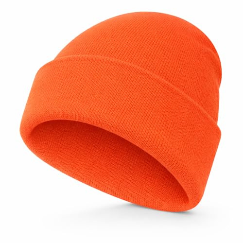 WS UK Kids Beanie Hat - Unisex Slouch Winter Woolly Turn Up Knitted (Neon Orange)