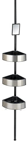 WENKO Rinconera telescópica Premium Big Black - Estantería de baño telescópica, estantería de ducha, regulable en altura con 3 repisas y espejo, Aluminio, 27.5 x 70-260 x 20 cm, Satinado