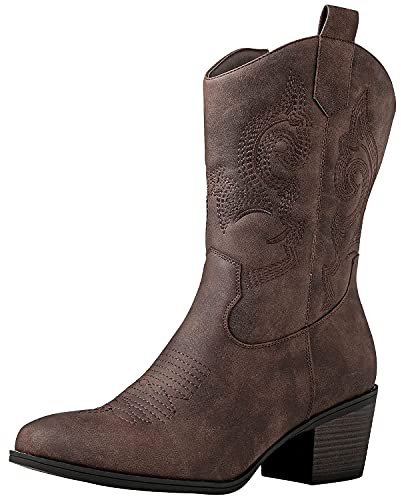 GLOBALWIN Women's Brown Mid Calf Cowgirl Boots Classic Embroidered Western Cowboy Boots for Women Chunky Low Heel Size 7.5M