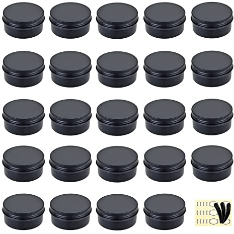 Aluminum Tin Jars, Yalbdopo 24Pcs 10Ml Round Metal Empty Cosmetic Containers Sample Pots with Screw Cap Lid for Cream, Lip Balm, Cosmetic, Candles, DIY Crafts, Spices, Makeup Travel Storage (Black)