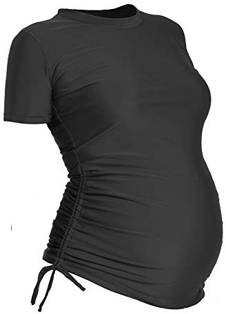 Oceanlily UV Protection 50 UPF Long Sleeve Maternity Swim Shirt - Women's Swimsuit Coverup - Ruched Rash Guard, S/S Black, Medium