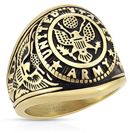 Paula & Fritz® Ring Herren US Army 316L Chirurgenstahl Größe 59 (18,8) Gold-schwarz Herren-Ring Partnerring Ehering Siegelring Damenring Motiv-Ring