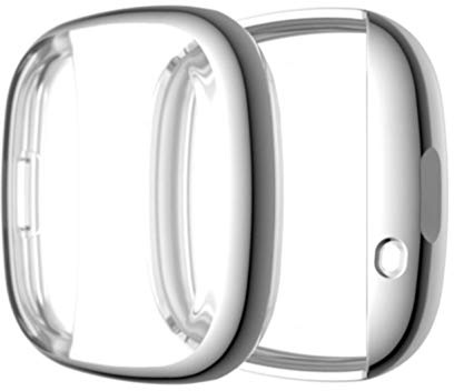Screen Protector Case Cover Plating Process Metal Color TPU Full Shockproof Case Guard Thin Bumper Shell,Shockproof TPU Thin Screen Protector Cover Case For Fitbit Versa 3 Fitbit Sense (Silver)