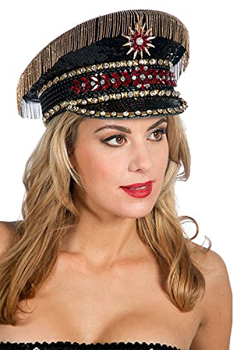 WOOOOZY NEU Hut Kapitänsmütze Burning Man, schwarz-Gold, mit Fransen