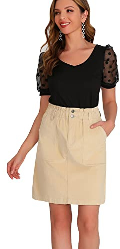 Jeanir Gonna da donna in corduroy con cintura in gomma, lunghezza al ginocchio, elasticizzata, a linea A, gonna midi al ginocchio con vere tasche (Grande, Beige)