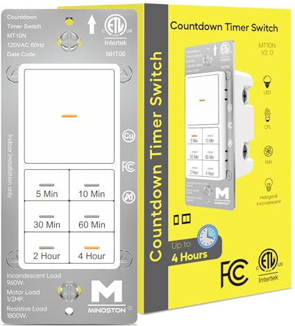 Minoston Interruptor temporizador de 4 horas, 5-10-30-60 min, temporizador de cuenta atrás de 2-4 horas para ventiladores de baño, calentadores, luces, cable neutro, listados ETL y FCC (MT10N)