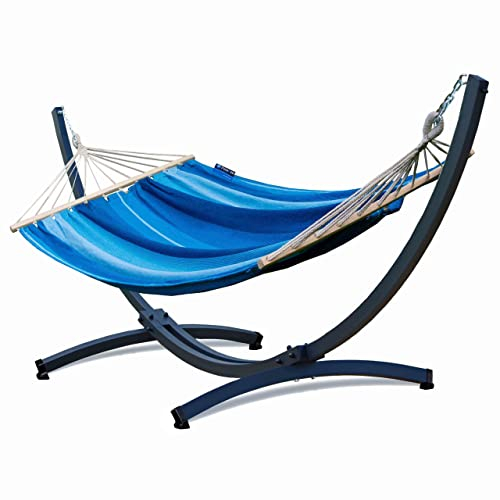 Potenza Outdoor Hängematte mit Verzinkter Tytan Gestell für 2 Personen I Stabhängematte XXL 220x160, 200kg I Hängemattengestell 350 kg Wetterfest (Blau, Basic Gestell Graphit)