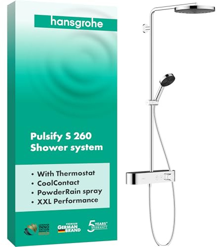 hansgrohe Duschsystem Pulsify S, Brausekopf 260mm, Duschset mit Thermostat, Handbrause, Brauseschlauch, Duschstange, Regendusche (Kopfbrause) mit 1 Strahlart, Chrom