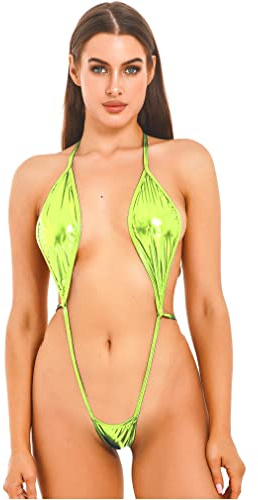 FEESHOW Damen Glänzend Micro Bikini Monokini Dreipunkt Metallic Badeanzug Neckholder Stringbody Rückenfrei Mini Dessous Set A Neongrün Einheitsgröße