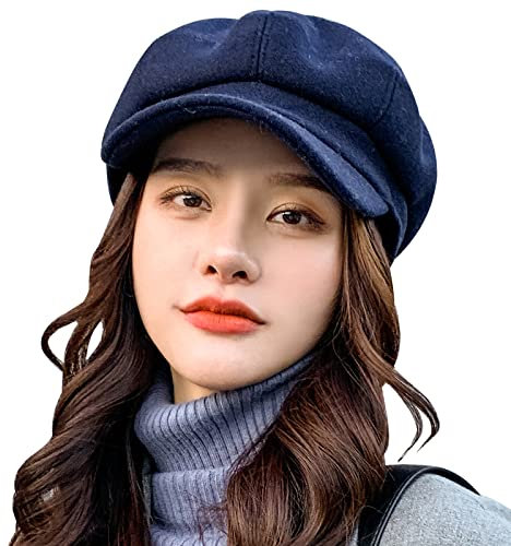 WANYI Damen Baskenmütze Wolle Verdicken Barett Cap Bakerboy Schirmmütze Ballonmütze Weicher Schildmütze Wintermütze Kappe Barette Maler Mütze für Herbst/Winter Einfarbig (57 Navy blau)