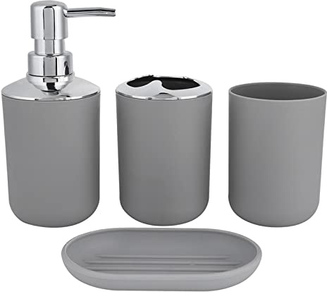Hosoncovy Badezimmer Set von 4,4-teiliges Badezimmer-Zubehör-Set mit Lotion Seifenspender, Seifenschale, Zahnbürstenhalter, Zahnputzbecher, Badezimmer Organizer für Moderne Badezimmer (Grau)
