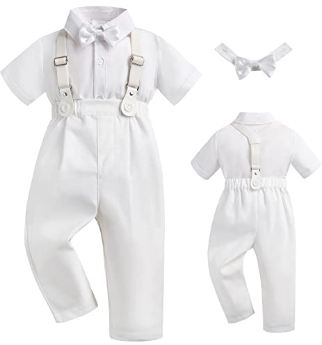 Booulfi 6-9 Month Boy Clothes Summer White 3 Piece Infant Boys Outfits Adjustable Suspenders Pants Short Sleeve Shirt Detachable Bow Tie Baby Boy Baptism Outfit