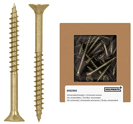 HELPMATE – Tornillos para madera – cabeza avellanada 4,5 x 50 mm – 150 uds. | Pasivados amarillo – con cabeza PZ 2 y rosca parcial – Tornillos universales para uso en interiores y exteriores protegidos