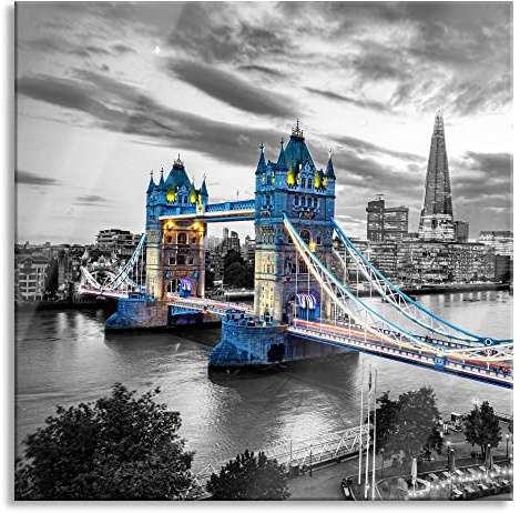 Pixxprint Glasbild, Wandbild auf Echtglas, Beleuchtete Tower Bridge am Abend B&W Detail, 60x60 cm, inkl. Aufhängung und Abstandshalter