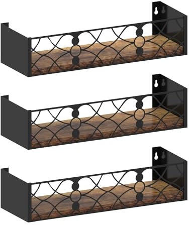Serwrsw Black Floating Shelves with Removable Insert Plate Set of 3, Wooden Display Shelves, Rustic Decorative Wall Shelves for Living Room, Bedroom, Kitchen