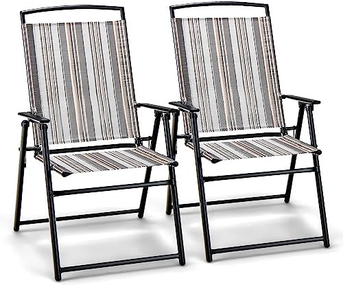 GIANTEX 2er Set Gartenstuhl klappbar, Klappstuhl Hochlehner Balkonstuhl, Terrassenstühle mit hohen Rücken- & Armlehne, Garten Essstühle wetterfest aus Metall & Textil, bis 150 kg belastbar für Garten