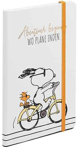 United Labels The Peanuts Snoopy Abenteuer Notizbuch, liniert, 80 Blatt, 13x21 cm, Weiß, Hardcover Notizheft mit Gummiband, ideal als Tagebuch und Bullet Journal
