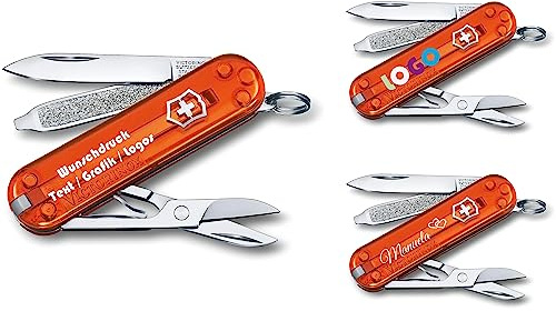 Victorinox Taschenmesser CLASSIC SD mit Wunschdruck auf der Schale I Geschenk für Männer Frauen I Geschenke zum Geburtstag I 7 Funktionen Fire Opal 0.6223.T82G (orange transparent)