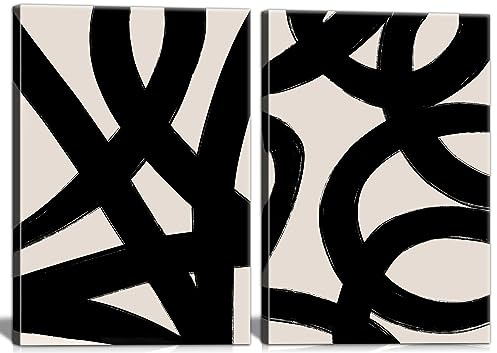 Framed Abstract Wall Art Canvas Set Lines Pictures Modern Mid Century Boho Wall Decor Minimalist Abstract Black Stroke Lines Canvas Painting Artwork Living Room Bedroom Home Office 12x16x2