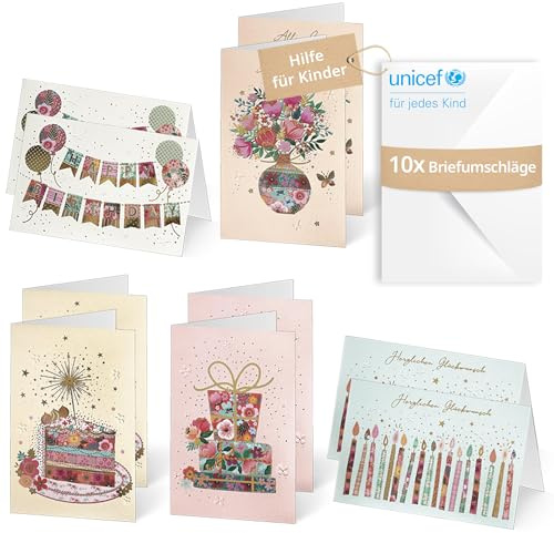 Unicef Geburtstagskarten Pastellwünsche | 10 Klappkarten mit Umschlägen | Helfen Sie Kindern in Not: Gold- und Pastellakzente, 10 Karten, 5 Motive (11,7 x 17,5 cm), FSC-Papier Grußkarte