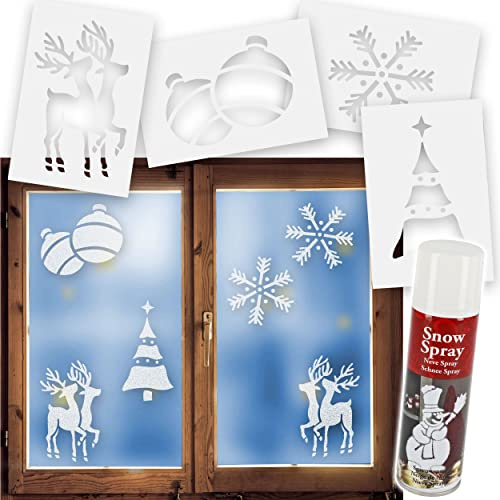 alles-meine.de GmbH Set: Schneespray Dose + 8 große Schablonen Vorlagen - Weihnachtsmotive - 23 cm - Kunstschnee Schneebild - für Fensterbilder Fenstersticker - z.B. für Fenster ..