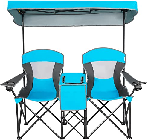 COSTWAY 2-Sitzer Campingstuhl mit Sonnenschutz, Mini-Tisch, Kühltasche & Getränkehalter, klappbarer Angelstuhl mit Tragetasche, Faltstuhl, Klappstuhl für Camping, Angeln, Picknick (Blau)