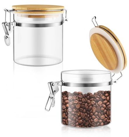 Mirrline 2 Pcs 700ml/23oz Clear Glass Jars Airtight Storage Jars Locking Glass Container Jar with Clamp Bamboo Lids for Home Kitchen Food Coffee Tea Pantry Storage