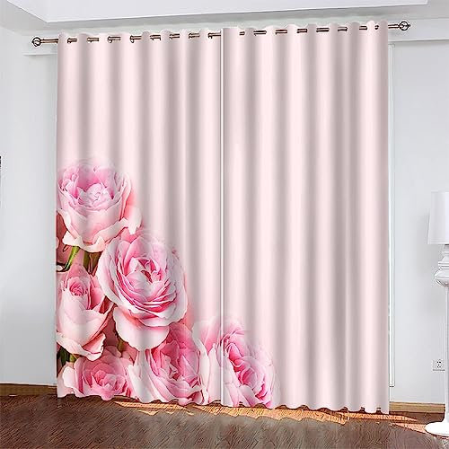 Blackout Curtains For Bedroom - Botanical Pink Rose - 3D Print Pattern Eyelet ​Thermal Insulated - Drop - 90% Blackout Curtains For Kids Boys Girls