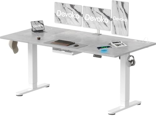 Devoko 180 x 80 Höhenverstellbarer Schreibtisch, Elektrisch Schreibtisch mit Euro-Steckdose und USB Induktions-Ladegerät, Elektrisch Computertisch mit Kabel Management Tray und Funktions-Memory, Gray