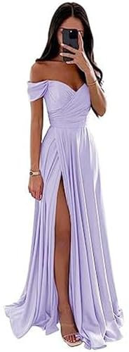 ECDAHICC Robe de demoiselle d'honneur épaules dénudées pour femme en satin longue fente élégante robe de soirée formelle ligne A robe de mariage et de fête, violet clair, S