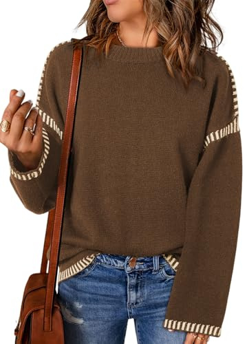 Dokotoo Winter Clothing for Women 2025 Casual Crewneck Long Sleeve Sweaters for Women Solid Comfy Cable Knit Pullover Sweater Jumper Tops Cute Loose Ribbed Loose Chocolate Brown Fall Clothes Coffee M