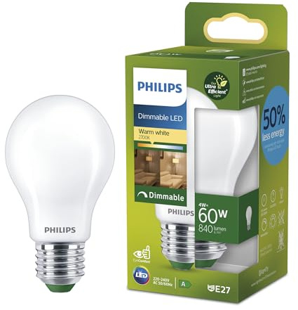 Philips Classic ultra-efficient LED ampoule classe énergétique A, équivalent 60W, culot E27, matt, éclairage blanc chaud (2700K), dimmable, nouvelle génération