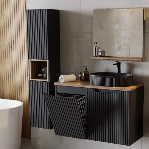 Lomadox Badezimmer Badmöbel Set 3-teilig, schwarz mit Eiche, gerillte Front, wandhängend, 90cm Waschtisch, integrierter Wäschekorb