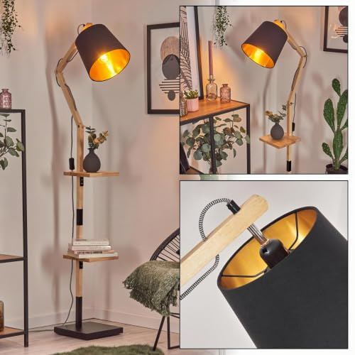 HOFSTEIN Golvlampa Tukkör, justerbar golvlampa av trä/metall/tyg i svart/natur/svart-guld, i boho-design med hyllor och brytare, 152,5 cm, E27, vardagsrum, sovrum, matsal