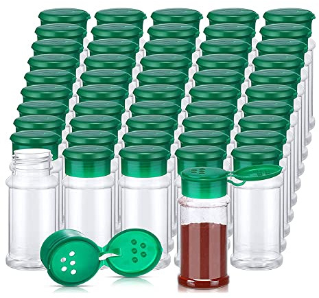 LEWITORS 50 Stück Gewürzgläser mit Streudeckeln aus Kunststoff 100ml Aufbewahrungsdosen für Gewürze, Dicht verschlossene Gewürzbehälter Set in Grün-, Küchenzubehör