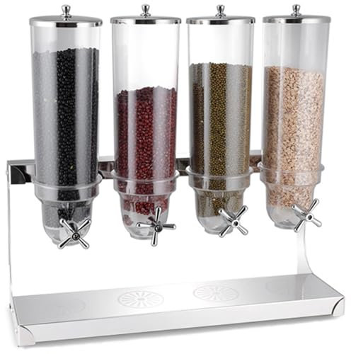 Four Heads Countertop Cereal Dispenser, 14L Stainless Steel Dry Food Dispenser Cereal Containers Storage Dispenser for Pantry Kitchen Organization, Silver