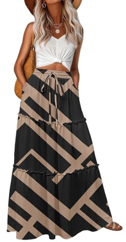 Lepunuo Womens Casual Boho Elastic High Waisted Flowy Maxi Skirts Trendy Floral Cute Long Skirts with Pockets