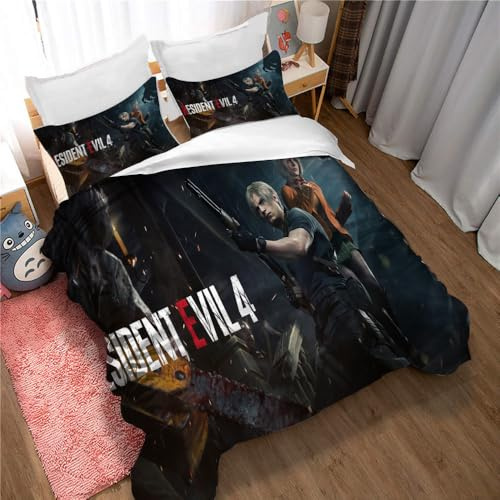 Bettvolant-Set Aus Reiner Baumwolle Von Resident Evil, Dickes Bettlaken, Steppdecke, 3-teilige Bettwäsche (Resident Evil 04,135x200cm)