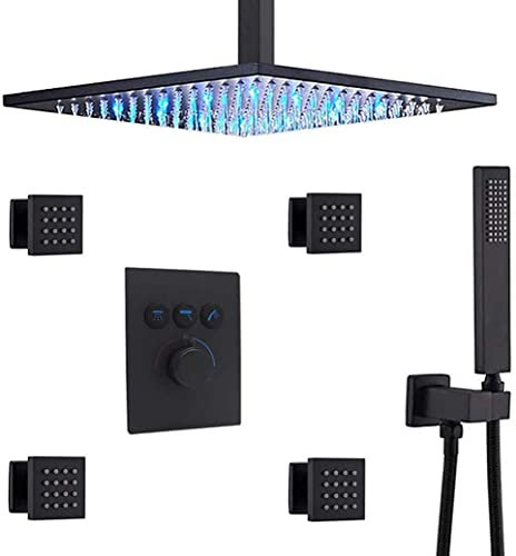 erkebspm Duschsystem, thermostatisches Messing, Mattschwarz, 25,4–30,5 cm, LED-Decken-Regenduschkopf, Kombisystem mit Körperdüsen und handgehaltenem Badezimmer-Luxus-Duschset, 25,4 cm