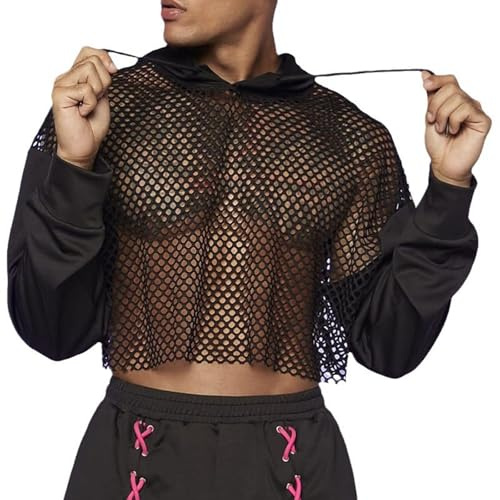 Camiseta de Manga Larga con Capucha de Rejilla para Hombre Blusa Musculosa Ajustada Rave Outfit Camiseta Interior de Punto