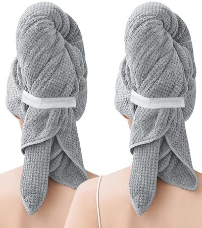BellaGesundheit 2 Stück Mikrofaser Haarturban mit Elastischem Band – 100x60 cm, Schnell trocknend & Super Saugfähig für Langes Dickes Lockiges Haar (Grau&Grau)