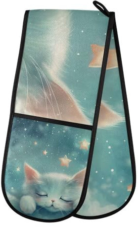 Oven Gloves Double Oven Gloves Cat Blue Star Watercolor Heat Oven Mitts Pot Holder Heat Resistant Quilted for BBQ Baking Kitchen Cooking Gloves